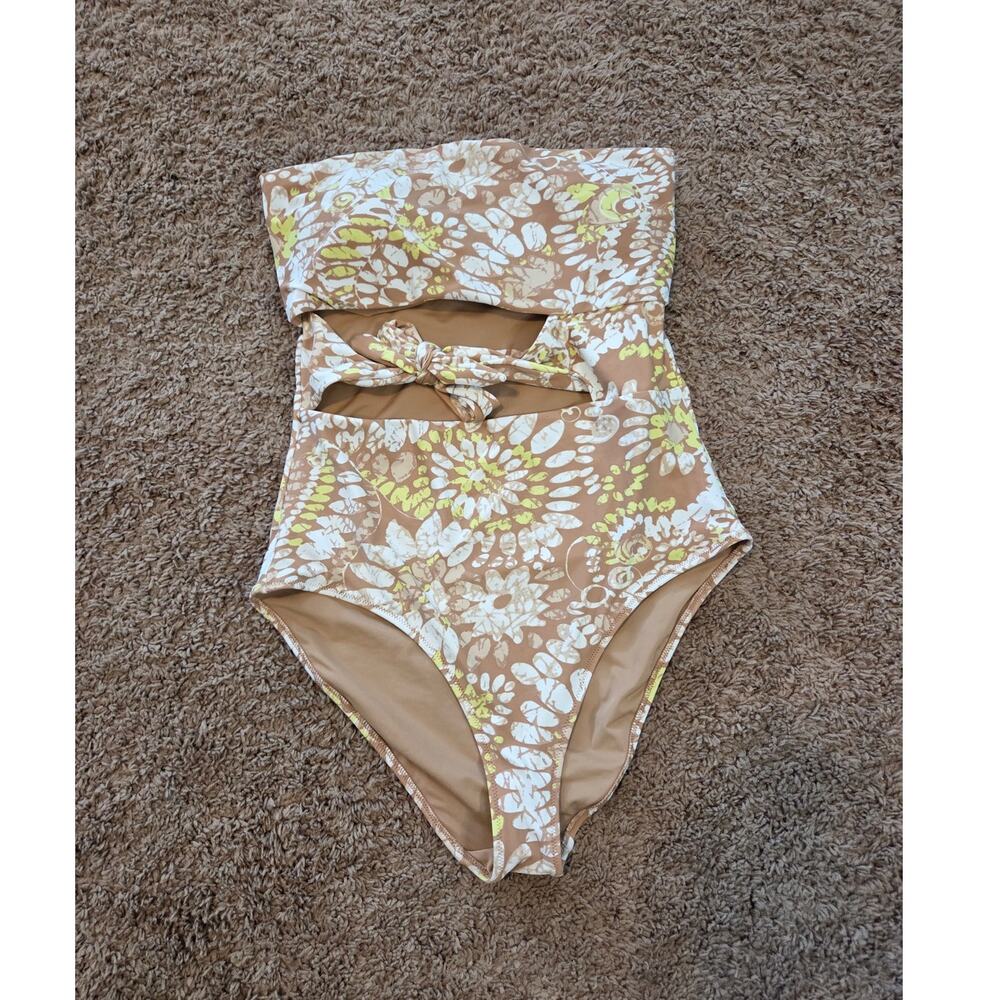 Aerie one piece wrap full coverage swim suit strapless cut out tropical print L